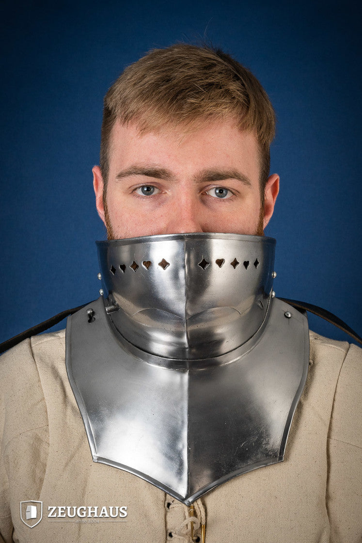 Polished Gorget with Bevor made from 1.6mm steel, featuring a satin finish and removable strap for attachment to other armor pieces.