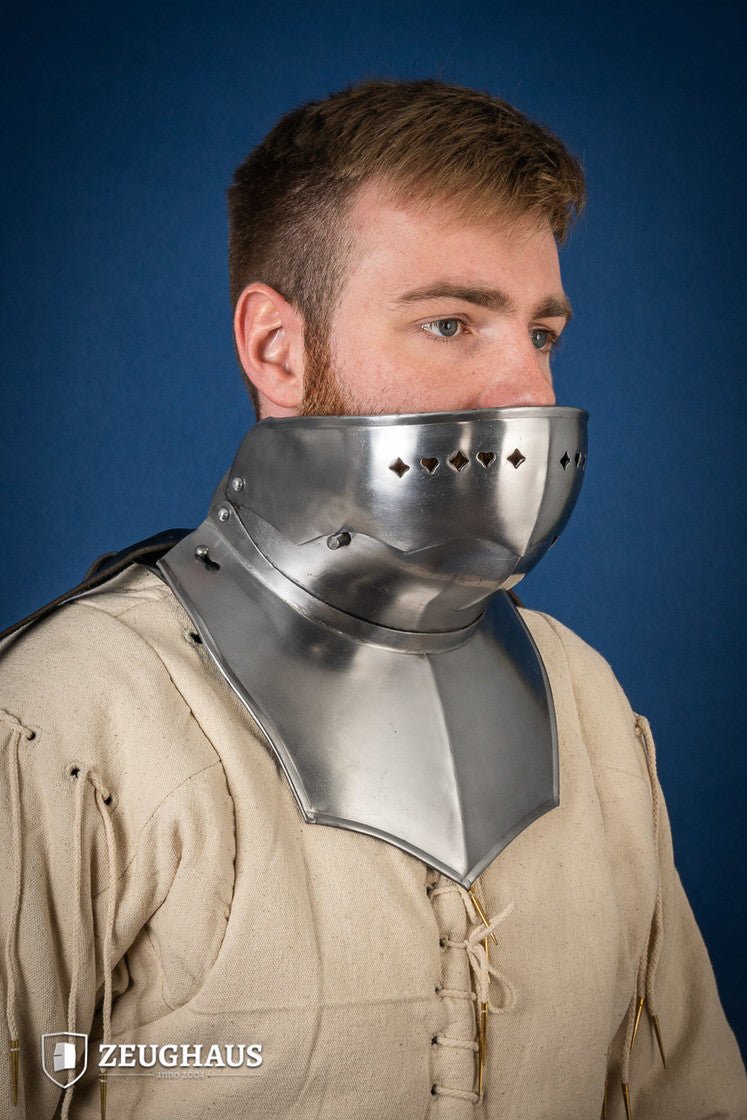 Polished Gorget with Bevor made from 1.6mm steel, featuring a satin finish and removable strap for attachment to other armor pieces.