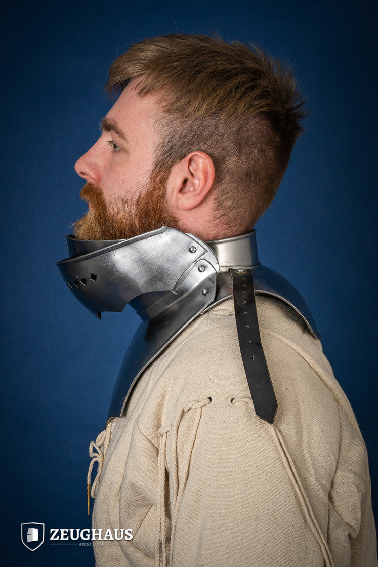 Polished Gorget with Bevor made from 1.6mm steel, featuring a satin finish and removable strap for attachment to other armor pieces.