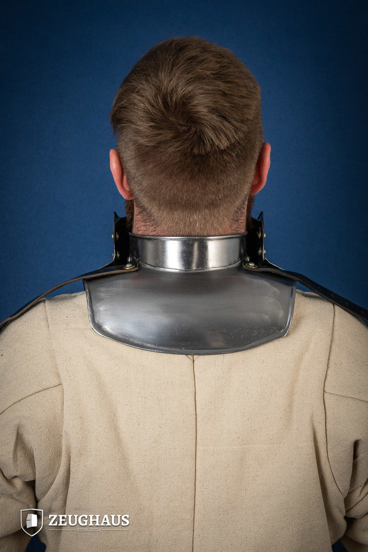 Polished Gorget with Bevor made from 1.6mm steel, featuring a satin finish and removable strap for attachment to other armor pieces.