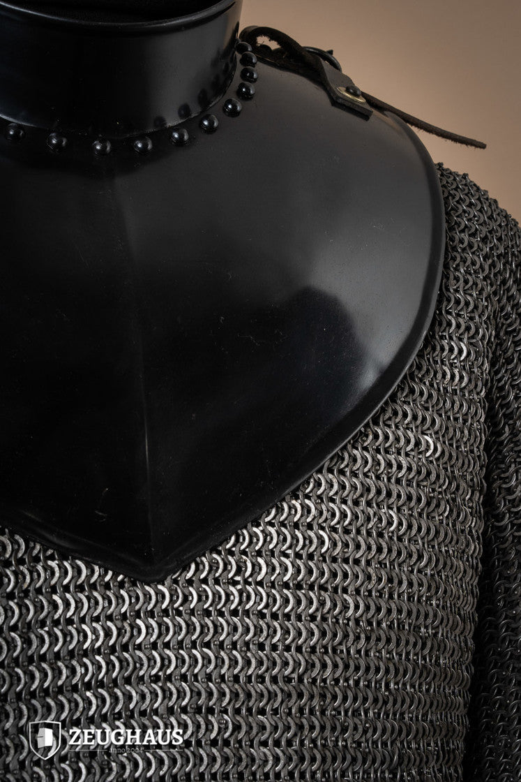 Gorget with Collar Burnished featuring a stand-up design, crimped edges, and leather fastening straps, showcasing its craftsmanship and durability.