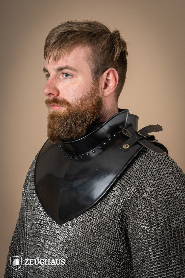 Gorget with Collar Burnished featuring a stand-up design, crimped edges, and leather fastening straps, showcasing its craftsmanship and durability.
