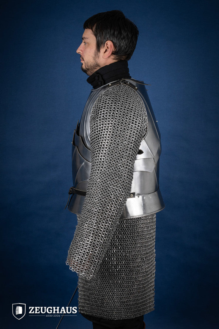 A polished Gothic cuirass featuring a breastplate and back plate, showcasing intricate designs and flexible construction.