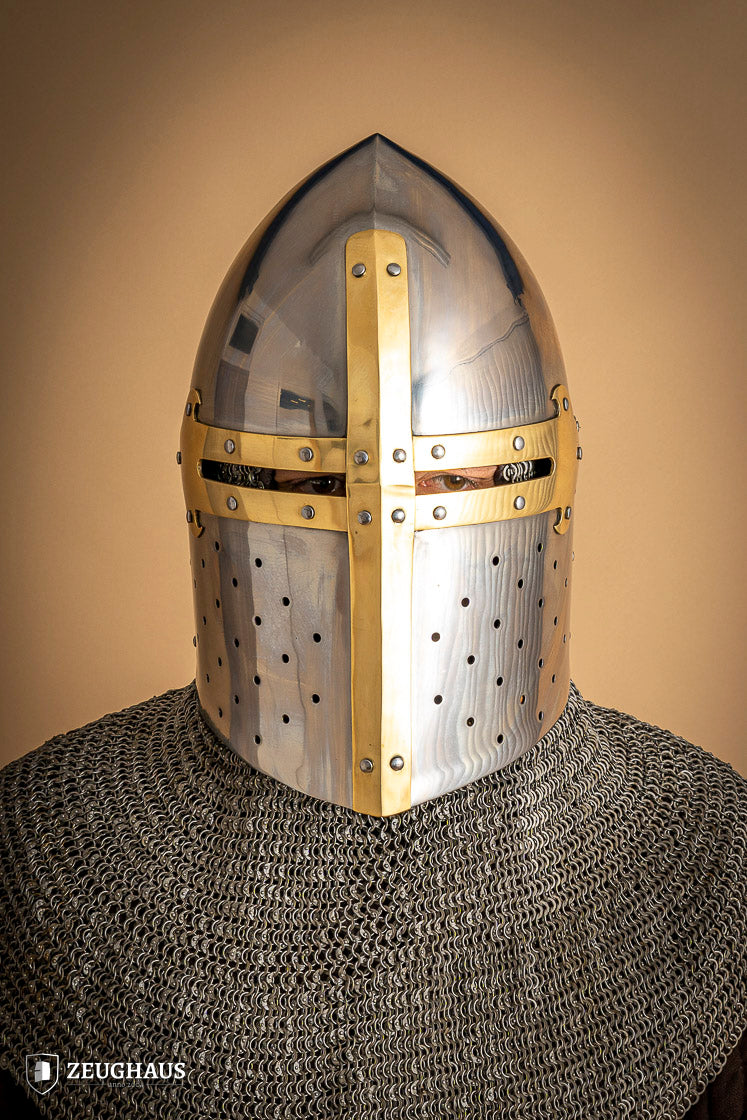 Great Helmet Sugar Loaf made of 2mm polished steel with a satin finish and leather chin strap, designed for historical reenactments.