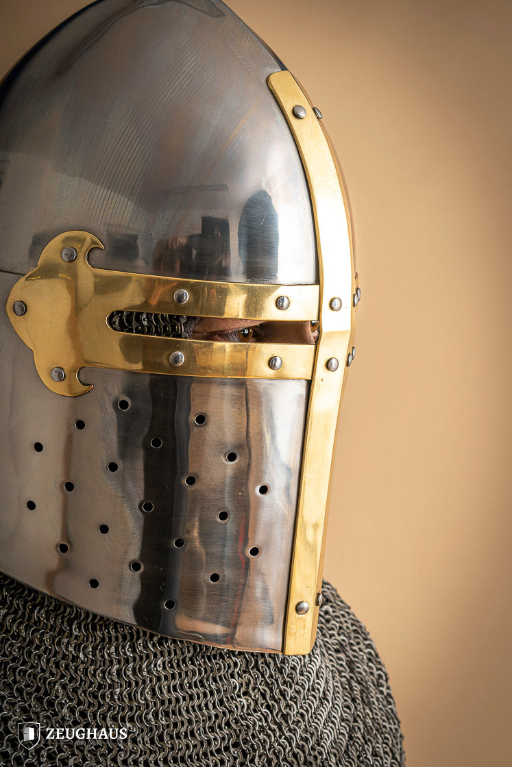 Great Helmet Sugar Loaf made of 2mm polished steel with a satin finish and leather chin strap, designed for historical reenactments.