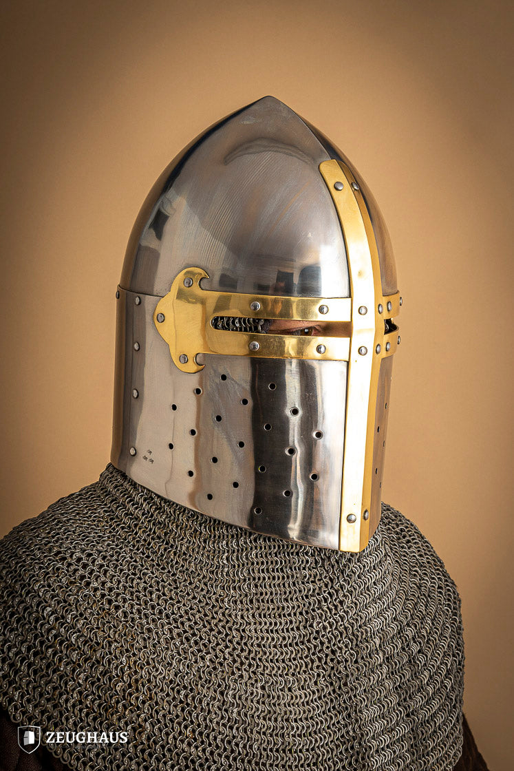Great Helmet Sugar Loaf made of 2mm polished steel with a satin finish and leather chin strap, designed for historical reenactments.