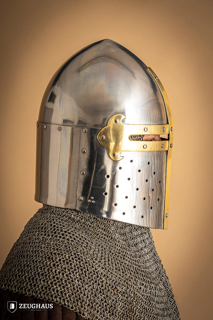 Great Helmet Sugar Loaf made of 2mm polished steel with a satin finish and leather chin strap, designed for historical reenactments.