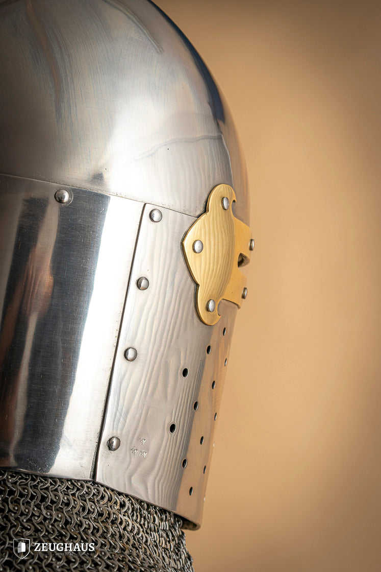 Great Helmet Sugar Loaf made of 2mm polished steel with a satin finish and leather chin strap, designed for historical reenactments.