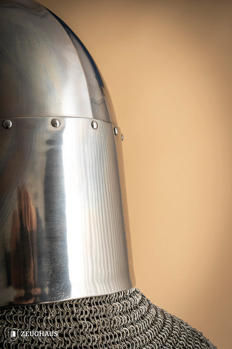 Great Helmet Sugar Loaf made of 2mm polished steel with a satin finish and leather chin strap, designed for historical reenactments.