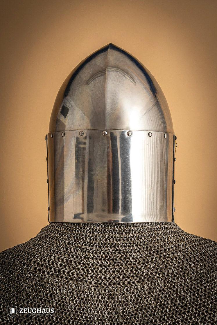 Great Helmet Sugar Loaf made of 2mm polished steel with a satin finish and leather chin strap, designed for historical reenactments.