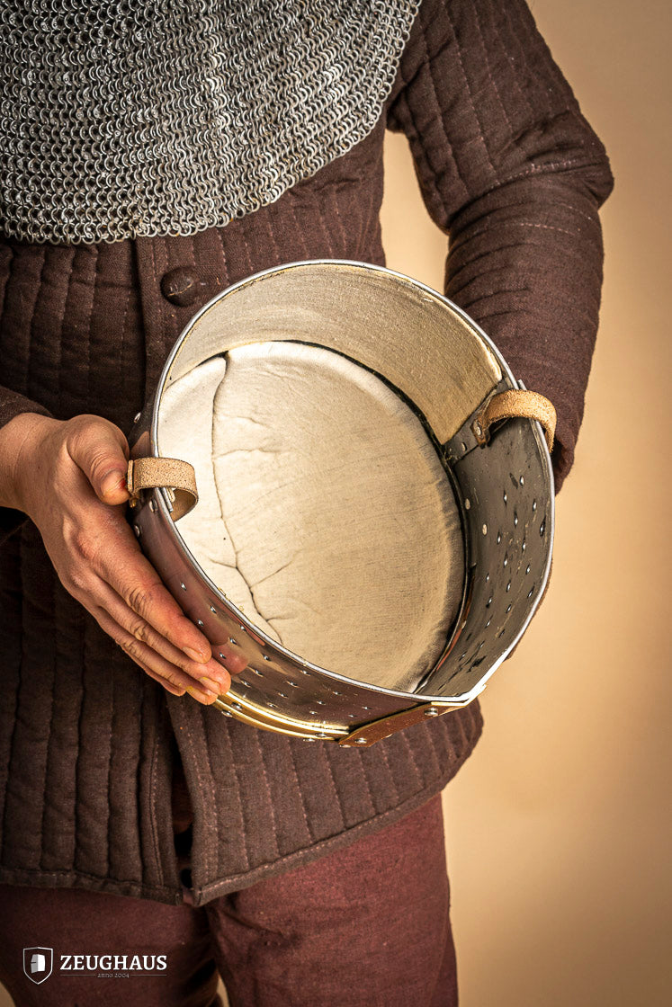 Great Helmet Sugar Loaf made of 2mm polished steel with a satin finish and leather chin strap, designed for historical reenactments.