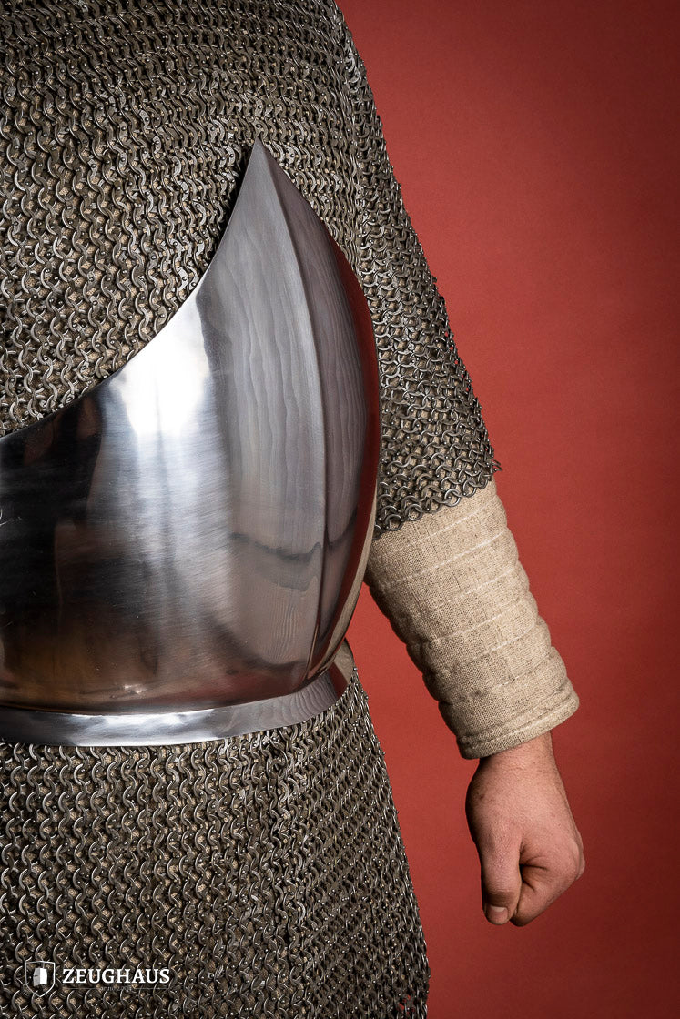 A polished 1.6mm steel half breastplate showcasing its historical design and adjustable features, perfect for reenactments.