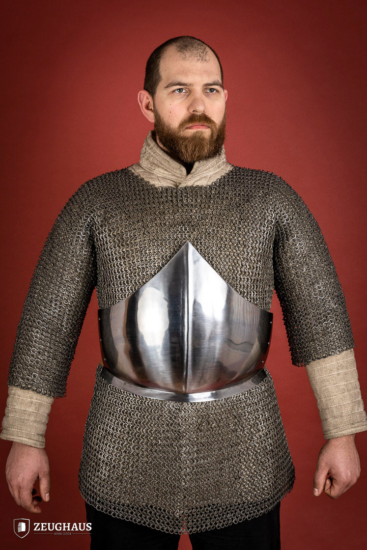 A polished 1.6mm steel half breastplate showcasing its historical design and adjustable features, perfect for reenactments.