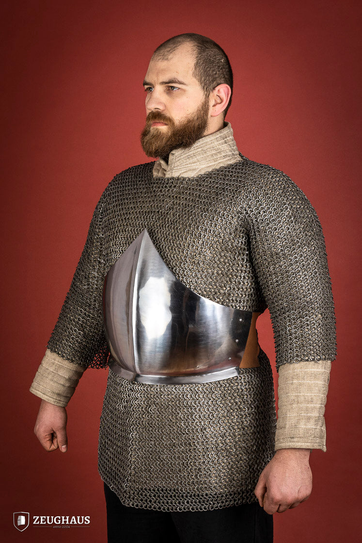 A polished 1.6mm steel half breastplate showcasing its historical design and adjustable features, perfect for reenactments.