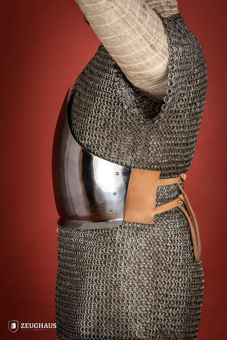 A polished 1.6mm steel half breastplate showcasing its historical design and adjustable features, perfect for reenactments.