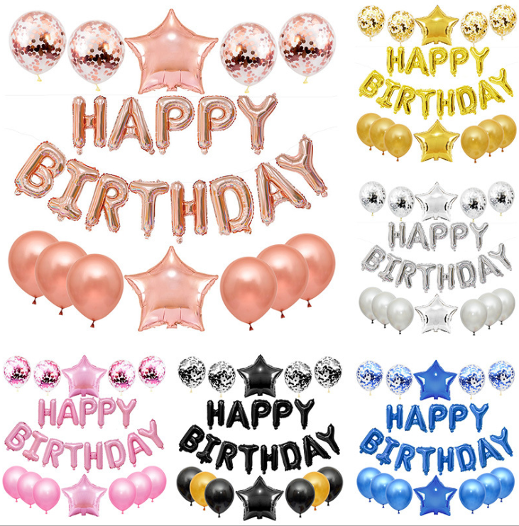 A collection of Happy Birthday letter balloons in rose gold and silver foil, featuring various colors and sizes, perfect for birthday celebrations.