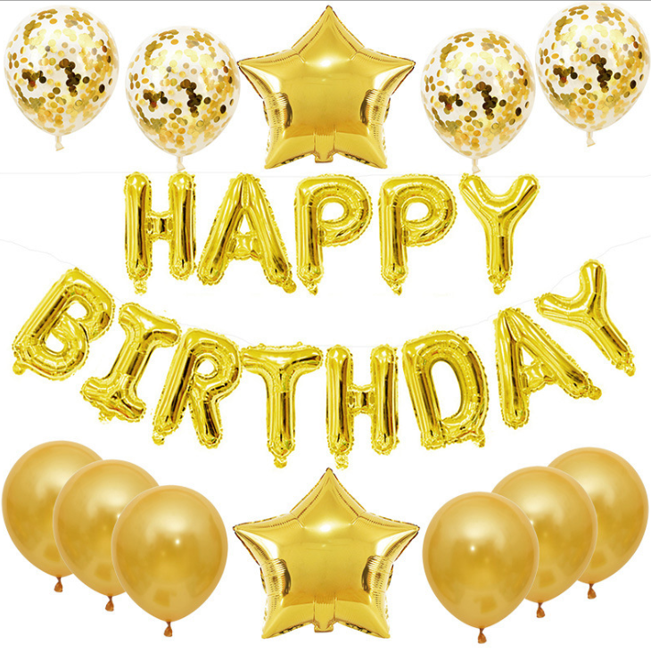 A collection of Happy Birthday letter balloons in rose gold and silver foil, featuring various colors and sizes, perfect for birthday celebrations.