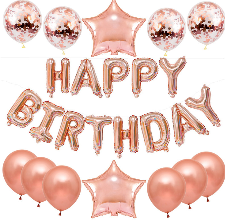 A collection of Happy Birthday letter balloons in rose gold and silver foil, featuring various colors and sizes, perfect for birthday celebrations.