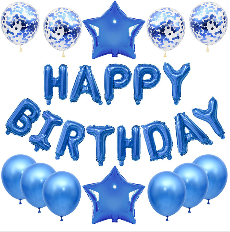 A collection of Happy Birthday letter balloons in rose gold and silver foil, featuring various colors and sizes, perfect for birthday celebrations.