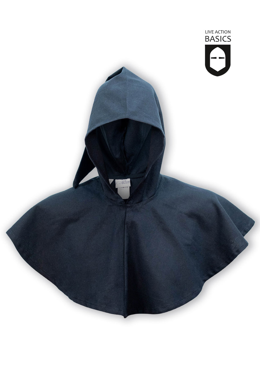 A dramatic black hood with an elongated trailing point, crafted from 100% cotton, draped elegantly over a tunic.