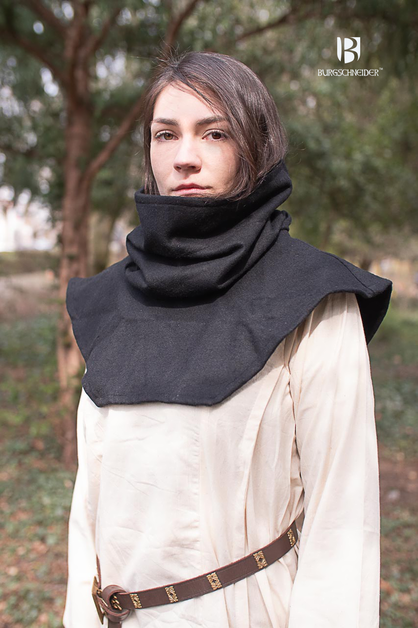 Noah Black Hooded Cowl made from wool felt, showcasing its versatile design suitable for cold weather and LARP events.