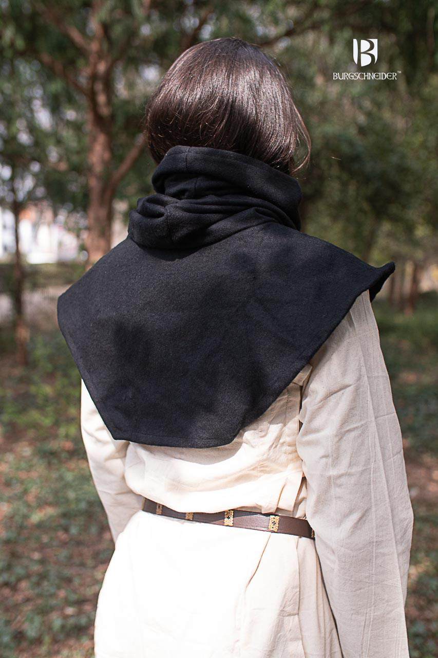 Noah Black Hooded Cowl made from wool felt, showcasing its versatile design suitable for cold weather and LARP events.