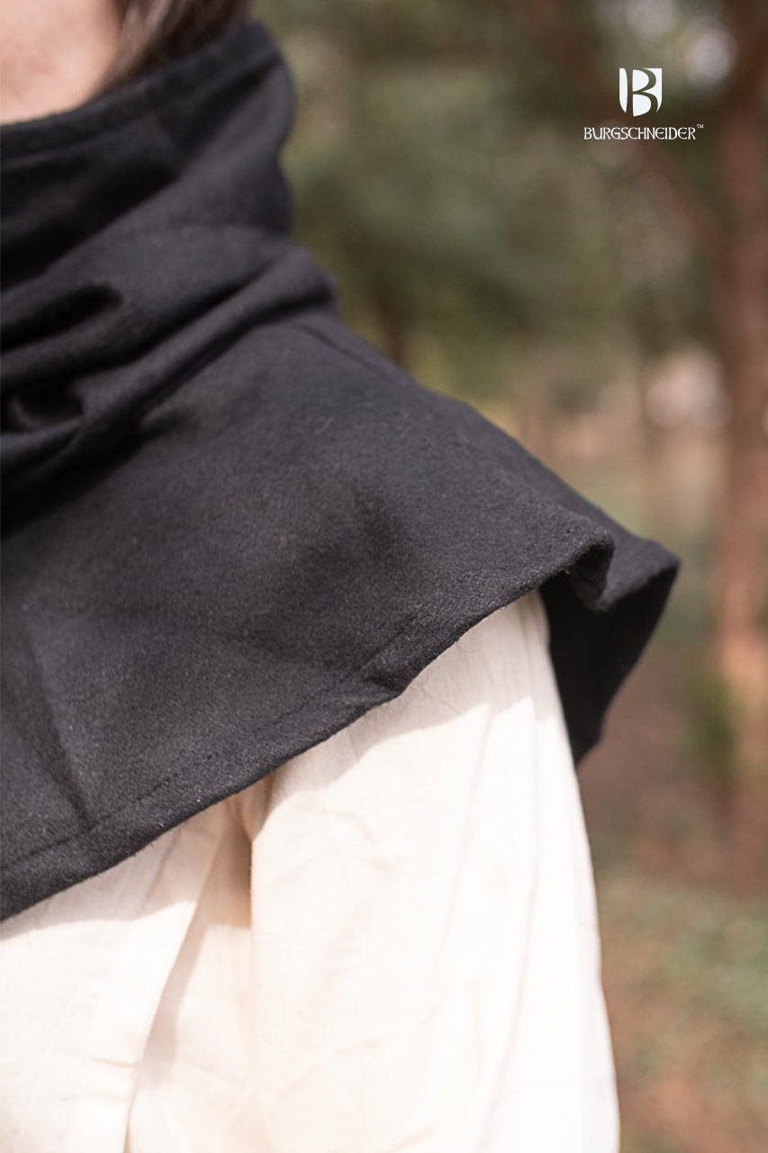 Noah Black Hooded Cowl made from wool felt, showcasing its versatile design suitable for cold weather and LARP events.