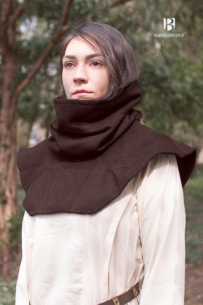 Noah Brown Hooded Cowl made from wool felt, showcasing its versatile design suitable for wearing as a scarf, face cover, or hood.