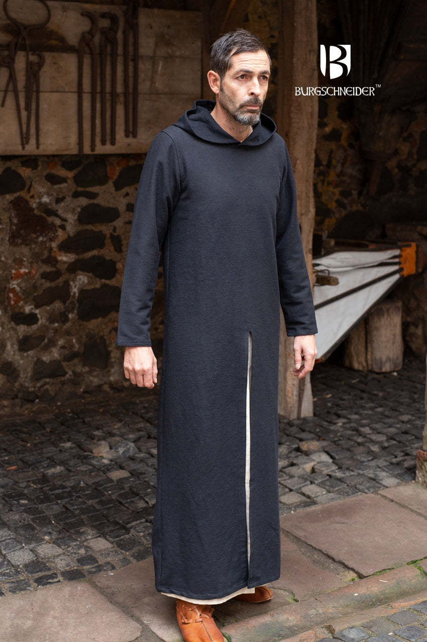 A long black hooded tunic with elegant draping, featuring slits for movement, perfect for medieval events and LARP.