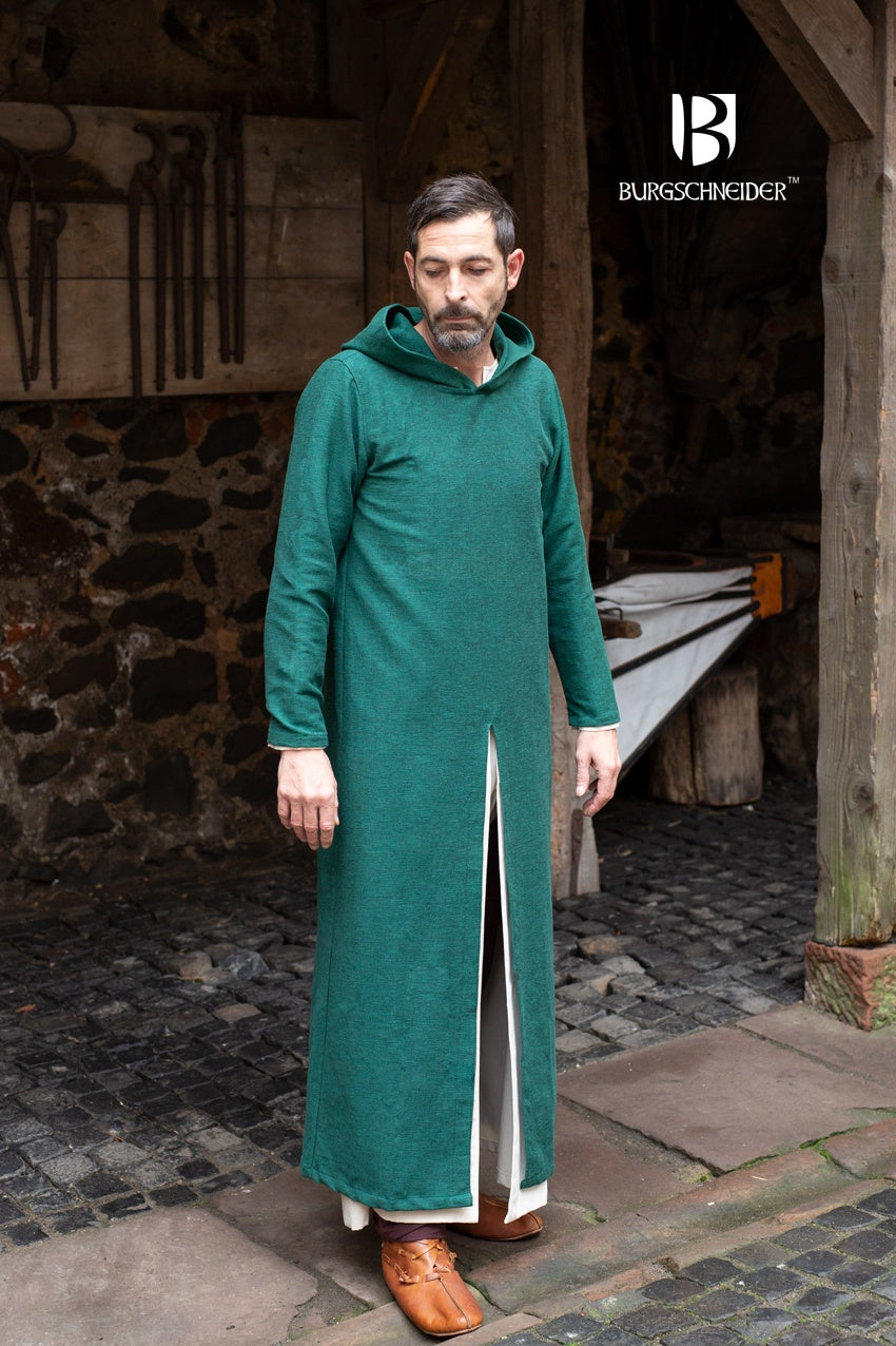 A long green hooded tunic with long sleeves, featuring front and back slits for movement, perfect for medieval events.