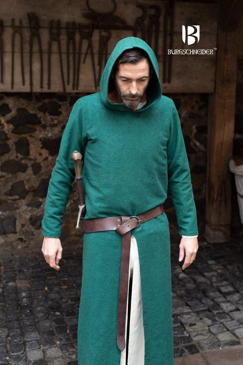 A long green hooded tunic with long sleeves, featuring front and back slits for movement, perfect for medieval events.