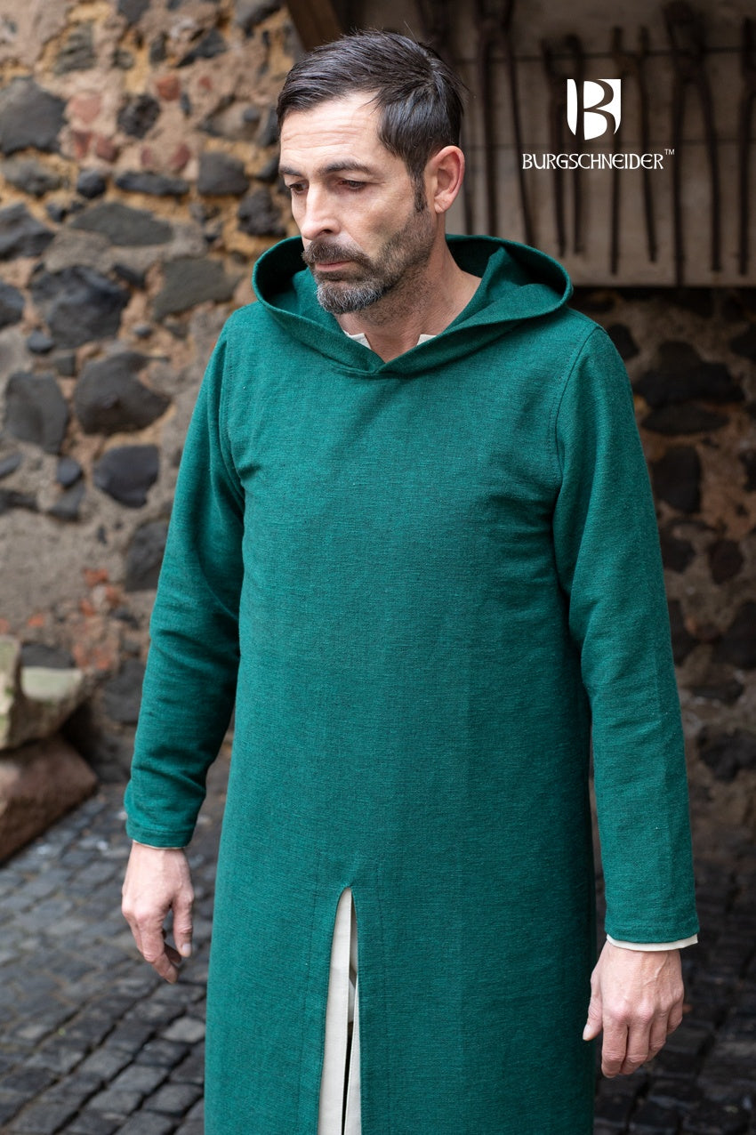A long green hooded tunic with long sleeves, featuring front and back slits for movement, perfect for medieval events.