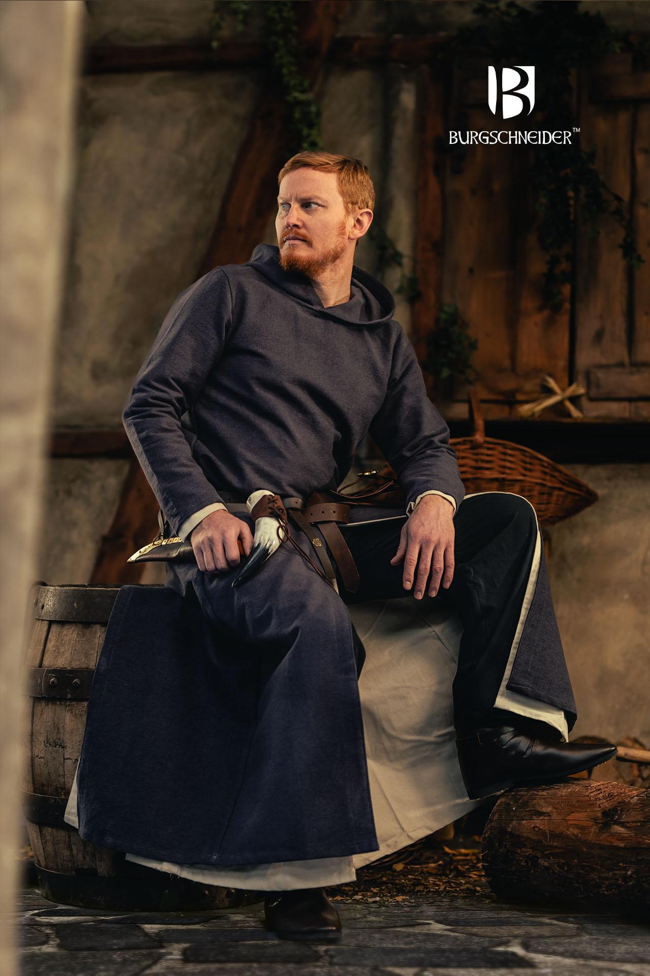 A long grey hooded tunic with long sleeves, featuring front and back slits for movement, perfect for medieval events.