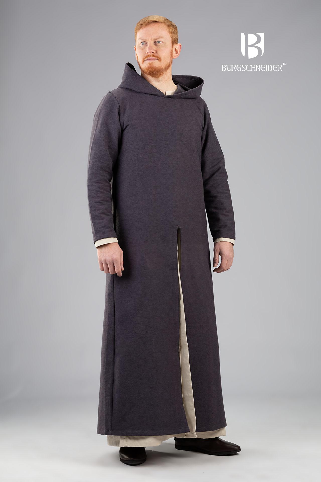 A long grey hooded tunic with long sleeves, featuring front and back slits for movement, perfect for medieval events.