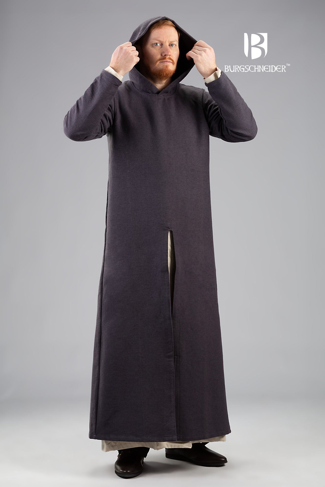 A long grey hooded tunic with long sleeves, featuring front and back slits for movement, perfect for medieval events.
