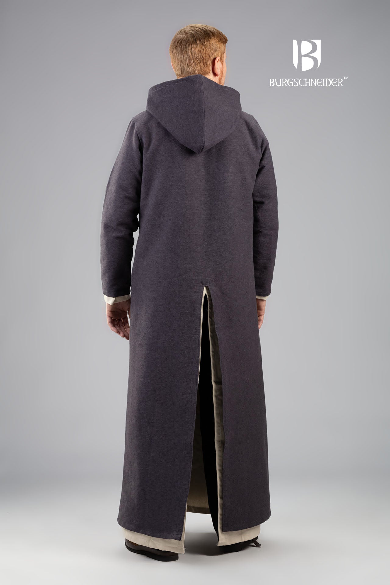 A long grey hooded tunic with long sleeves, featuring front and back slits for movement, perfect for medieval events.