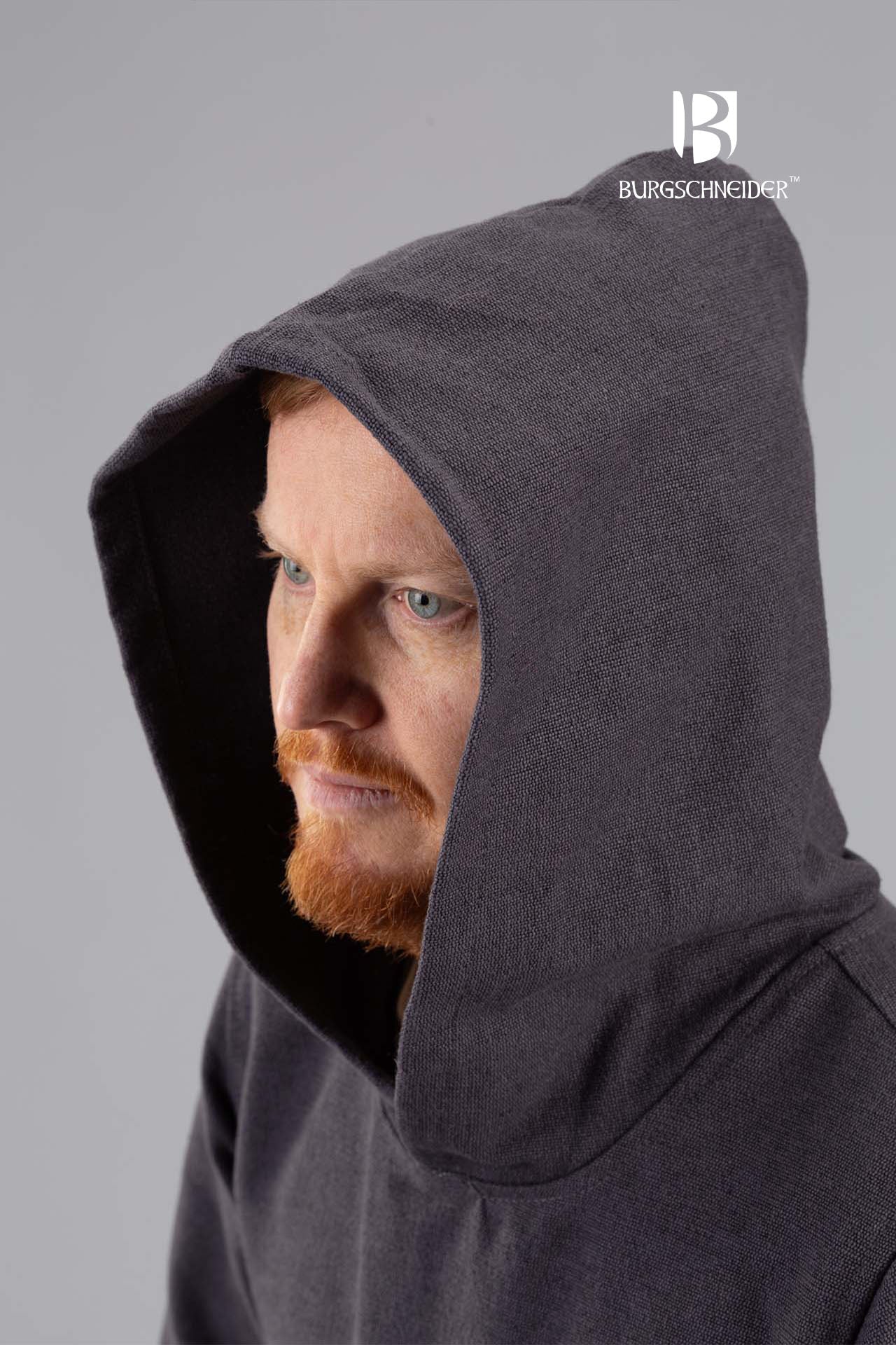 A long grey hooded tunic with long sleeves, featuring front and back slits for movement, perfect for medieval events.