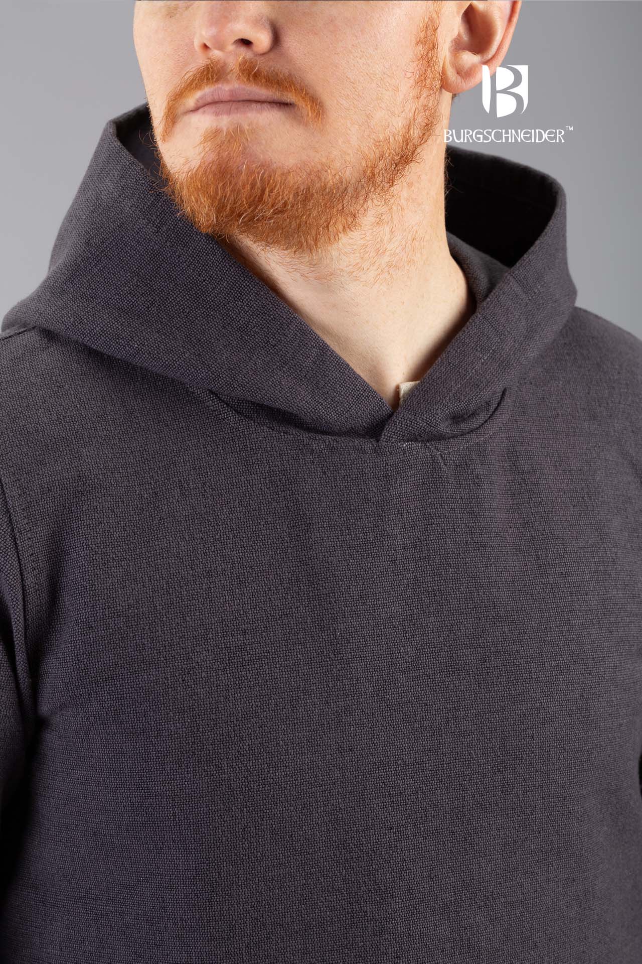 A long grey hooded tunic with long sleeves, featuring front and back slits for movement, perfect for medieval events.