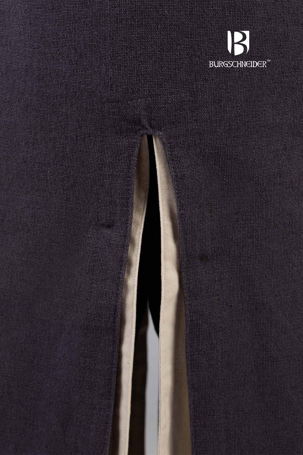 A long grey hooded tunic with long sleeves, featuring front and back slits for movement, perfect for medieval events.