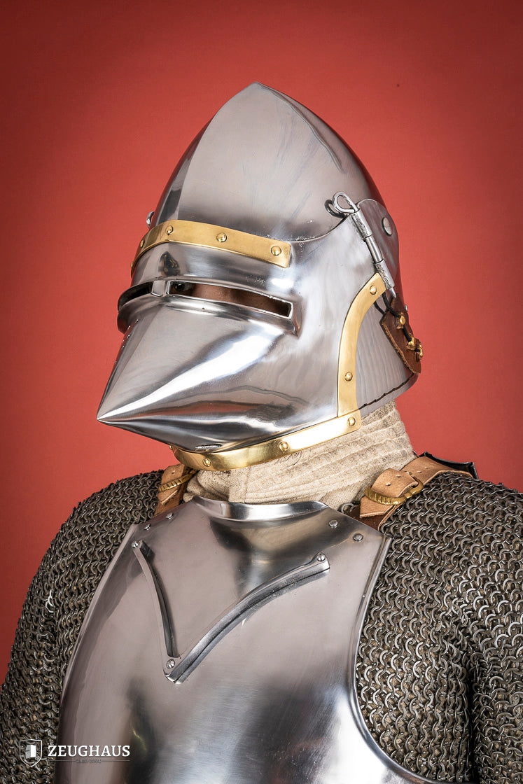 Houndskull Churburg Bascinet made of 2mm polished steel with a movable visor and leather chin strap, showcasing medieval craftsmanship.