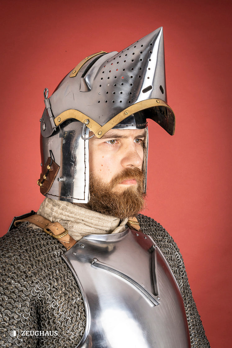 Houndskull Churburg Bascinet made of 2mm polished steel with a movable visor and leather chin strap, showcasing medieval craftsmanship.