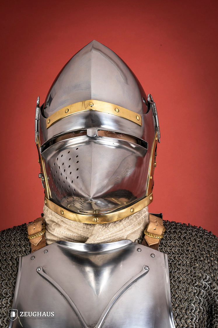 Houndskull Churburg Bascinet made of 2mm polished steel with a movable visor and leather chin strap, showcasing medieval craftsmanship.