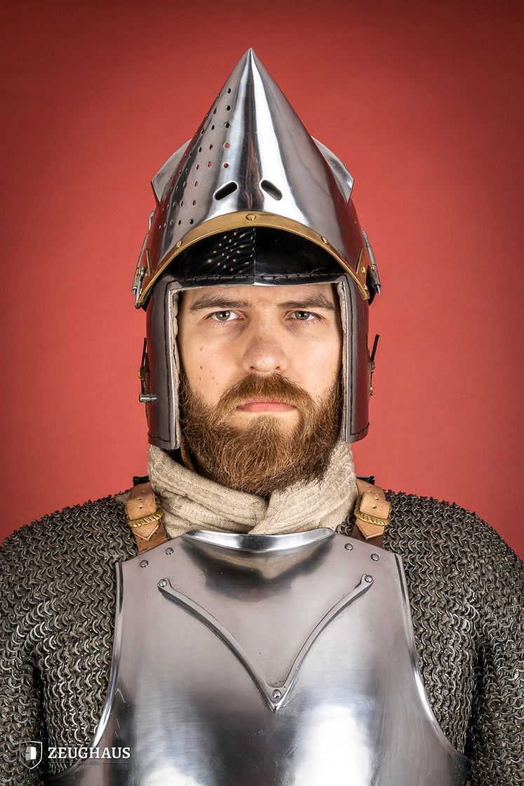 Houndskull Churburg Bascinet made of 2mm polished steel with a movable visor and leather chin strap, showcasing medieval craftsmanship.