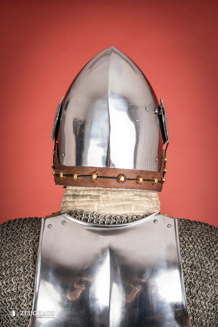 Houndskull Churburg Bascinet made of 2mm polished steel with a movable visor and leather chin strap, showcasing medieval craftsmanship.