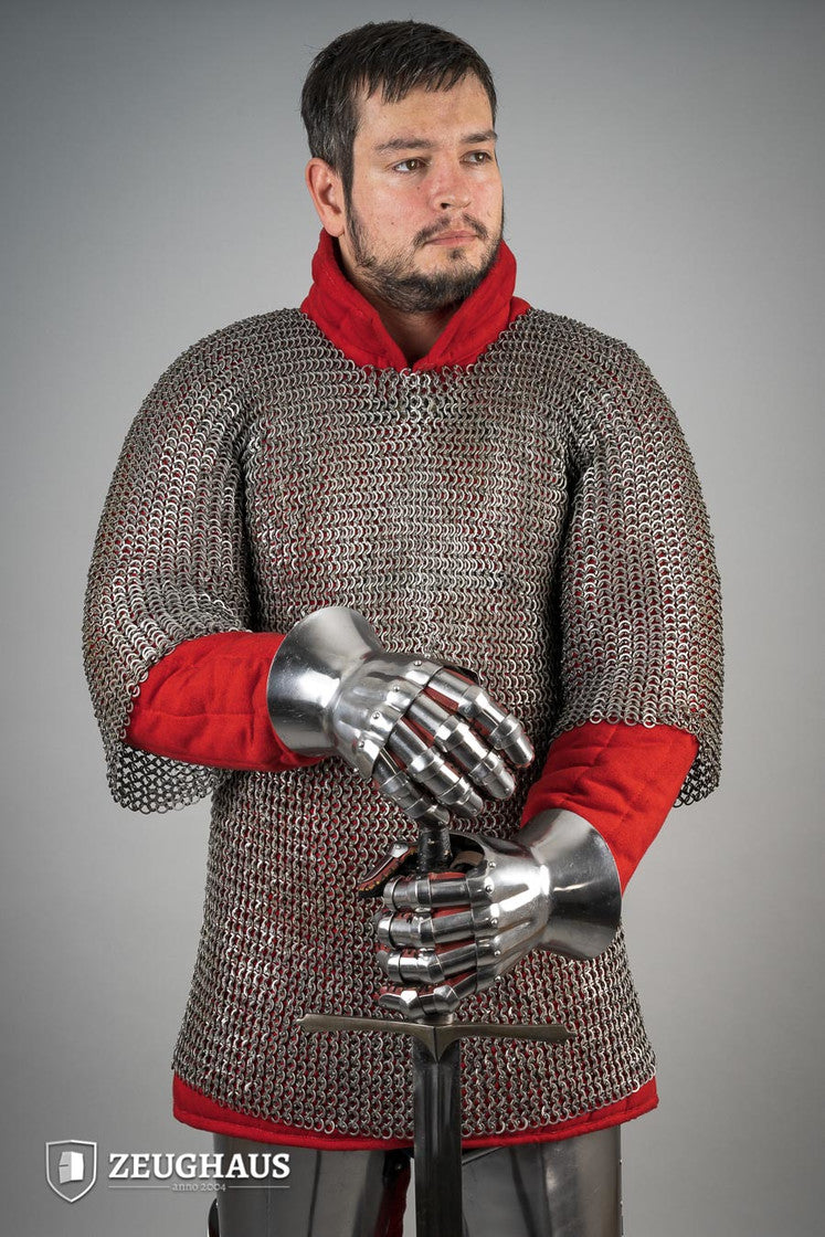 Hourglass Gauntlets made of polished steel, showcasing a wide cuff and historical design, suitable for medieval reenactments.