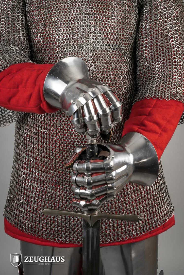 Hourglass Gauntlets made of polished steel, showcasing a wide cuff and historical design, suitable for medieval reenactments.