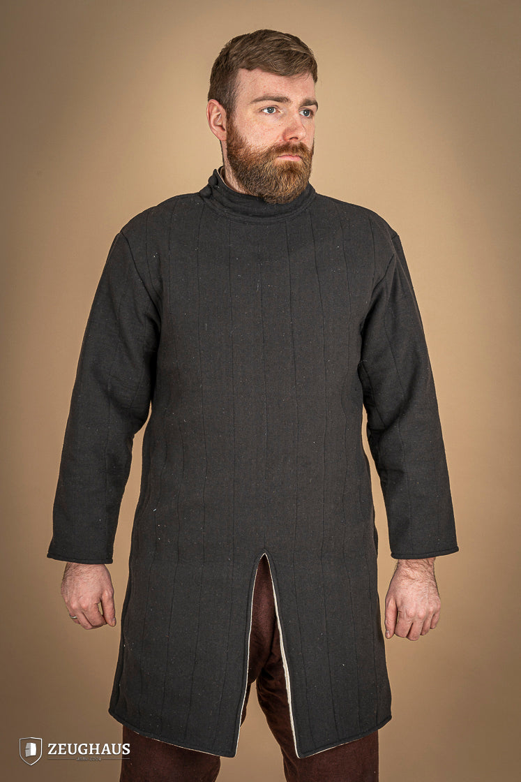 Infantry Gambeson Black featuring neck button closure and slits for mobility, made of 100% cotton with linen pattern.