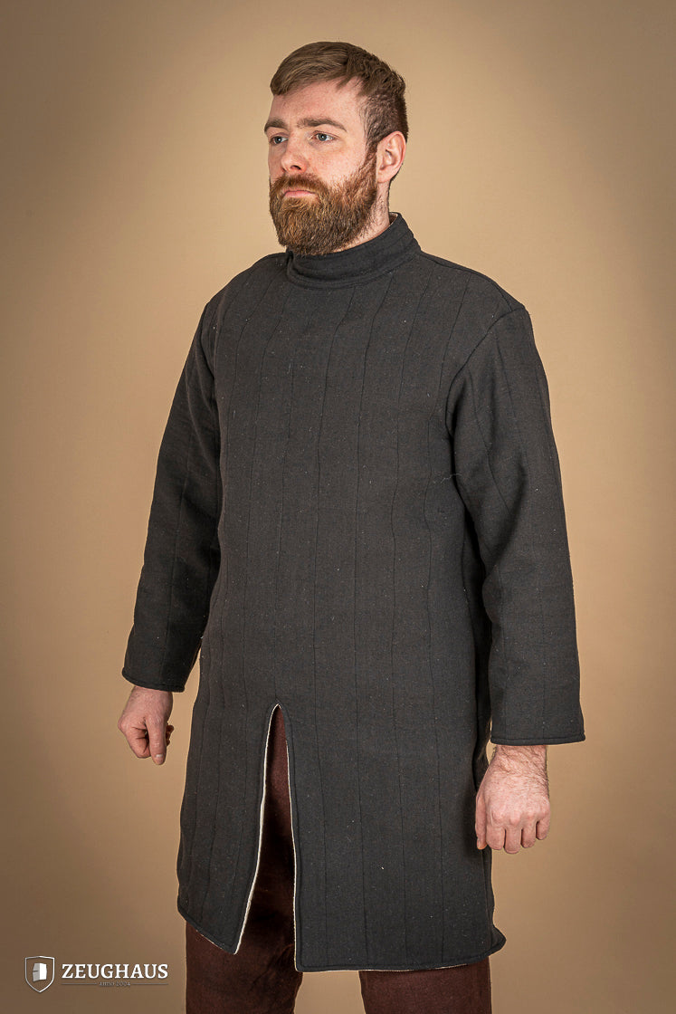 Infantry Gambeson Black featuring neck button closure and slits for mobility, made of 100% cotton with linen pattern.