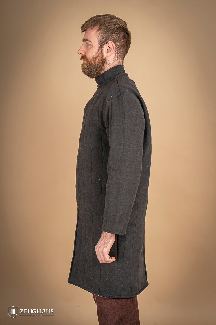 Infantry Gambeson Black featuring neck button closure and slits for mobility, made of 100% cotton with linen pattern.