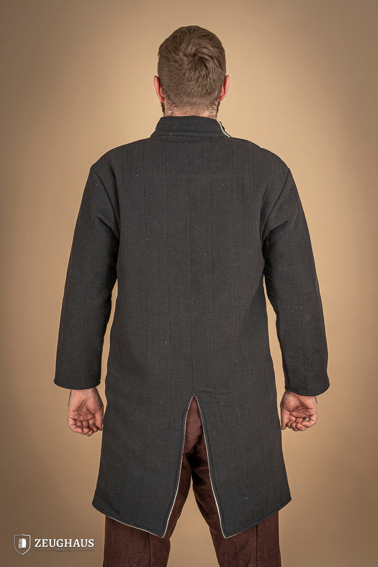 Infantry Gambeson Black featuring neck button closure and slits for mobility, made of 100% cotton with linen pattern.